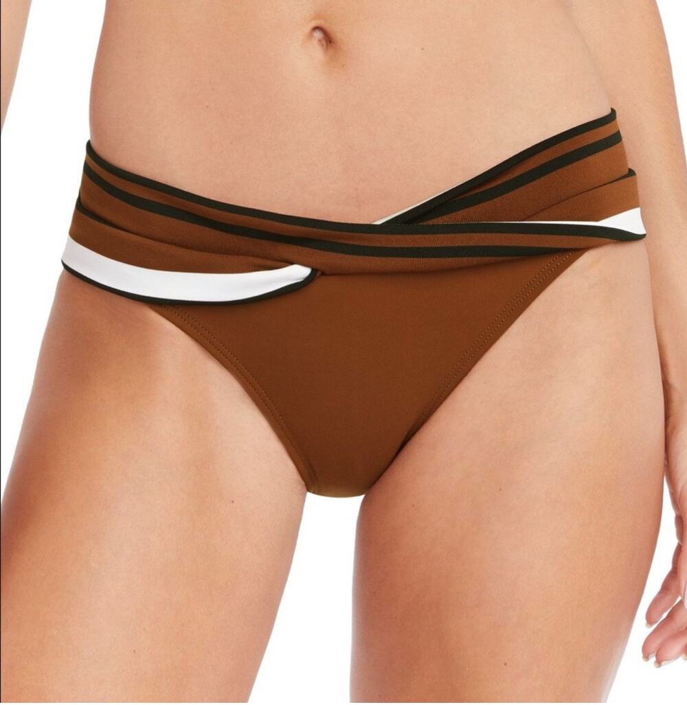 Robin Piccone Simone Twist Bikini Bottom Size Small NEW Stripe Swim Cocoa NWOT